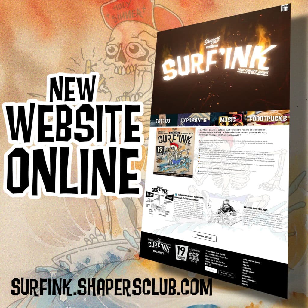 shapers-club- Lancement de « Surfink » ! Rejoignez-nous pour une célébration imprégnée de culture urbaine. Découvrez des sections sur les tatouages, la musique et les food trucks des festivals. Ne manquez pas cette occasion : rendez-vous sur surfink.shapersclub.com et découvrez le squelette au chapeau danser au rythme de la musique !. -surf