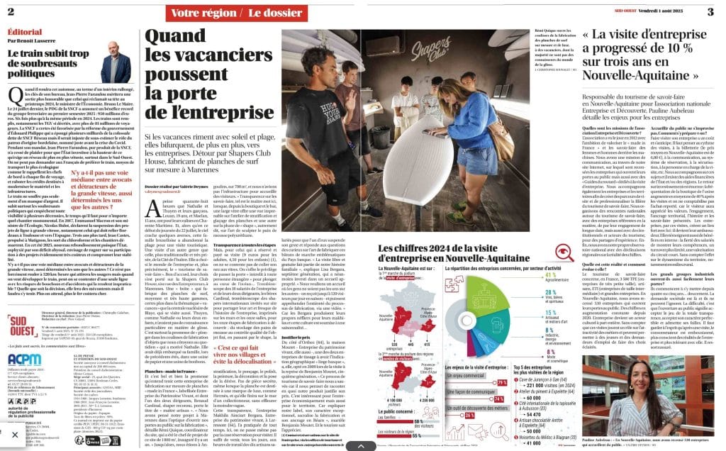 shapers-club- Un journal en français avec des articles, des images et des infographies. L'image principale montre des personnes dans un atelier de fabrication de planches de surf lors d'une visite d'entreprise du Shapers Club en Nouvelle-Aquitaine. Les encarts présentent une femme en rouge et des graphiques engageants. -surf